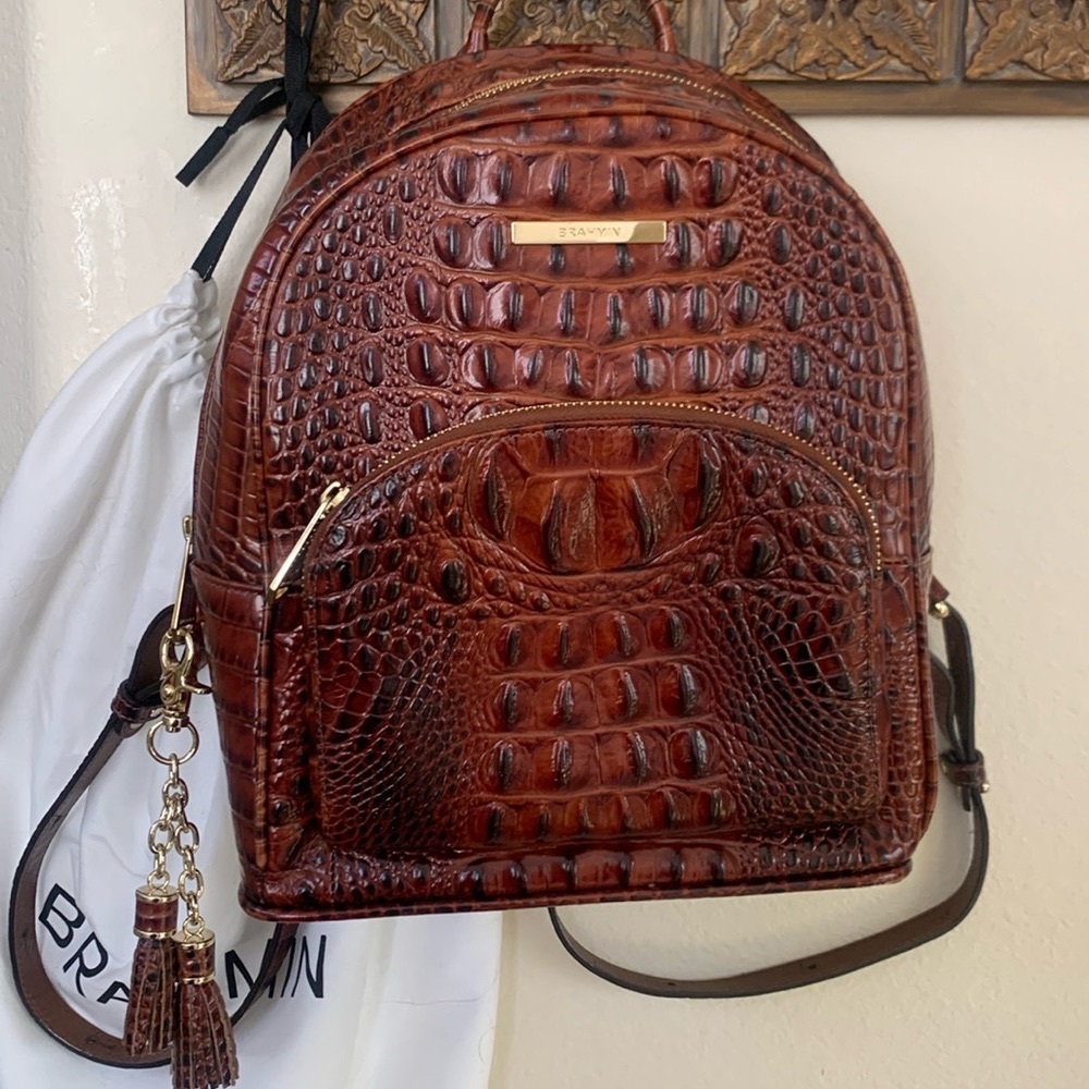 Brahmin Melbourne mini Dartmouth crocodile embossed back pack. Brown